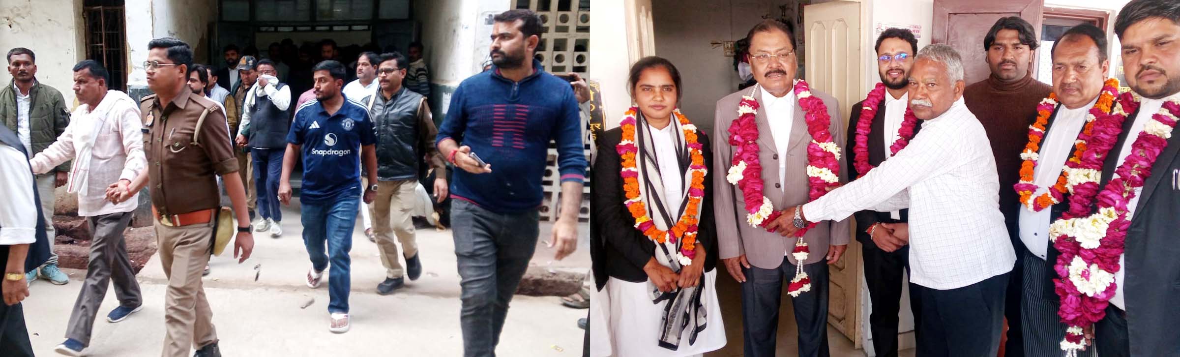 वादी के परिजनों ने वरिष्ठ अधिवक्ता का माला पहनाकर किया स्वागत