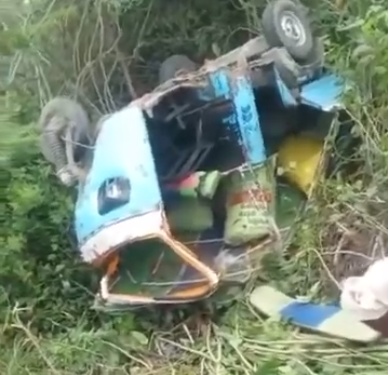 टक्कर के बाद हाईवे किनारे खंती में पलटा ऑटो, राहगीरों ने दोनों घायलों को बाहर निकाला